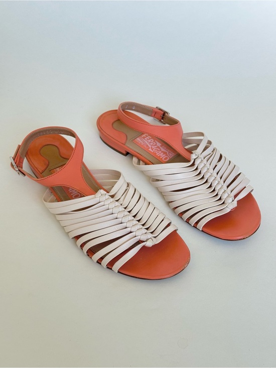 Salvatore Ferragamo Shoes - Salvatore Ferragamo Coral and Cream Woven Leather Slingback Sandals - Size 7